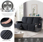 TAOCOCO 100% Waterproof Recliner Sofa Cover Non Slip Couch Cover for 3 Seat Reclining Sofa, Split Reclining Couch Covers 3-Piece with Straps, Washable Sofa Slipcover for Kids Pets(3 Seater, Black)