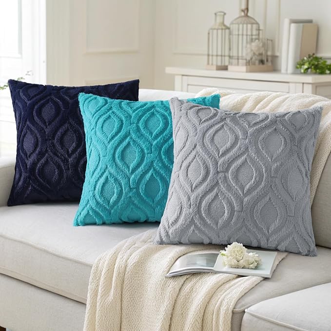 decorUhome Faux Fur Plush Soft Blue Grey Throw Pillow Covers 16x16 Set of 2