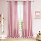 Rose Linen 96 Inch Long Curtains Panels 2 Panel Set with Back Tab Rod Pocket Semi Sheer Light Filtering Boho Aesthetic Style Room Decor Burlap Look Curtain for Bedroom and Living Room 52x96 Inch