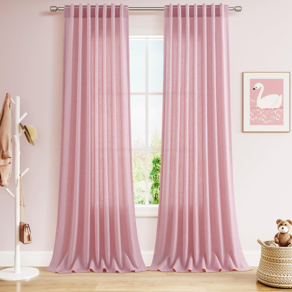 Nanspring Rose Linen Curtains 90 Inch Long 2 Panels Set Back Tab Rod Pocket Semi Sheer Light Filtering Boho Style Neutral Farmhouse Lightweight for Bedroom and Living Room 52x90