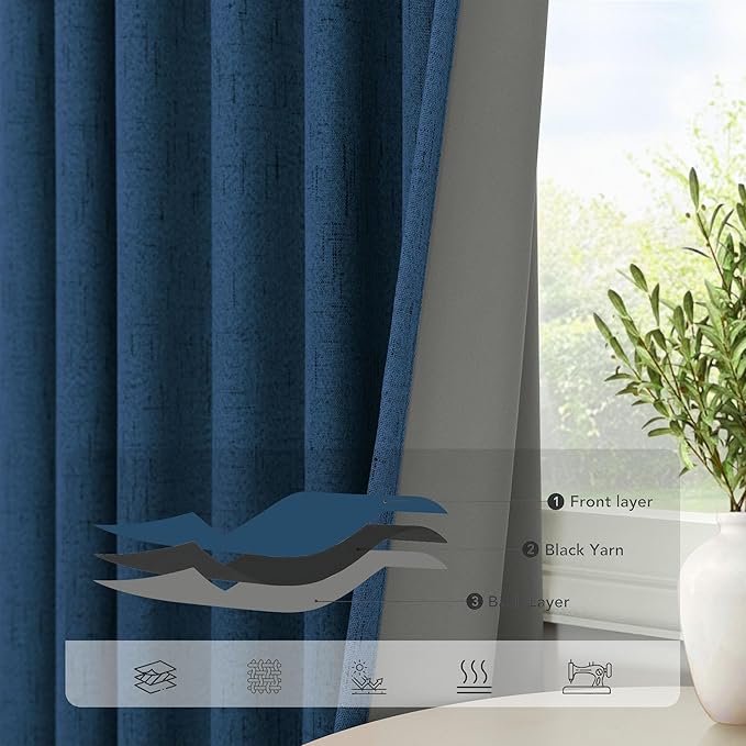 Navy Blue Curtains for Living Room 102 Inch Long 100 Percent Blackout Linen Look Viral Window Curtains for Bedroom Black Out Drapes for Nursery Bedroom Dorm 52x102 Length 2 Panels Midnight Royal Blue
