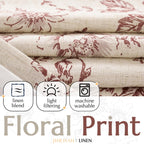 jinchan Red Floral Linen Light Filtering Curtains for Living Room 96 Inches Long