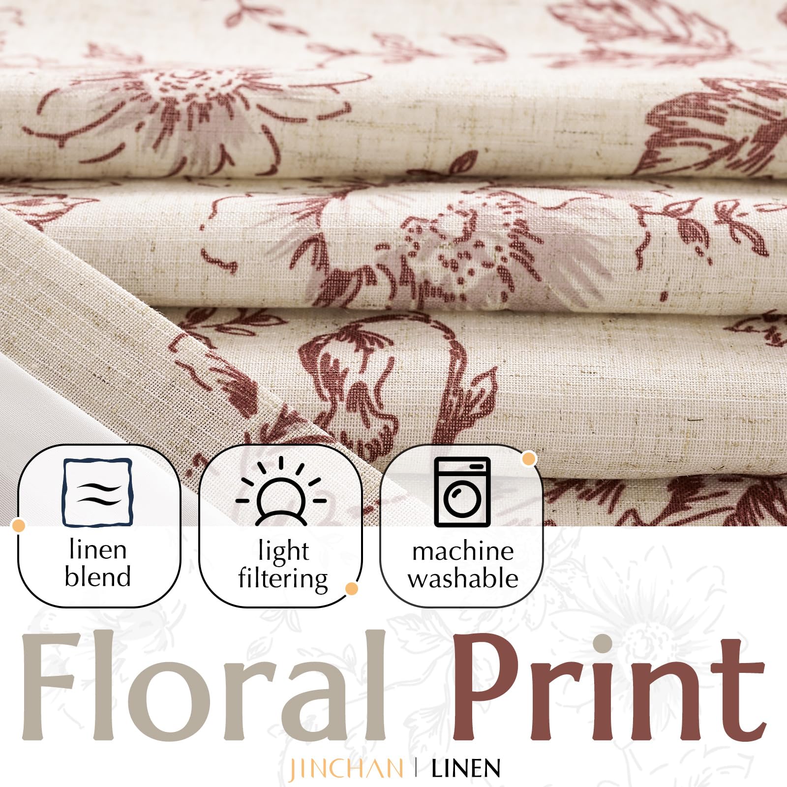 jinchan Red Floral Linen Light Filtering Curtains for Living Room 96 Inches Long
