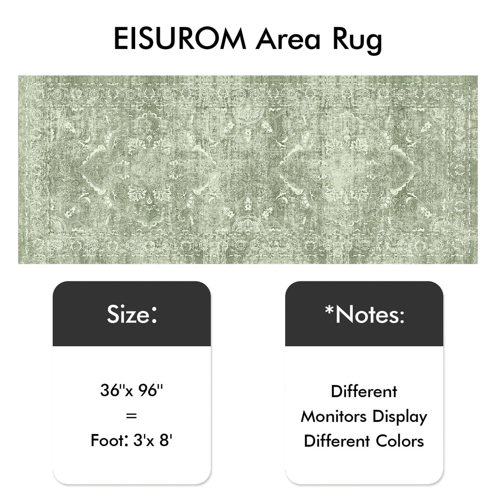 3x8 Washable Runner Rug: Vintage Medallion Kitchen Soft Rugs SageGreen
