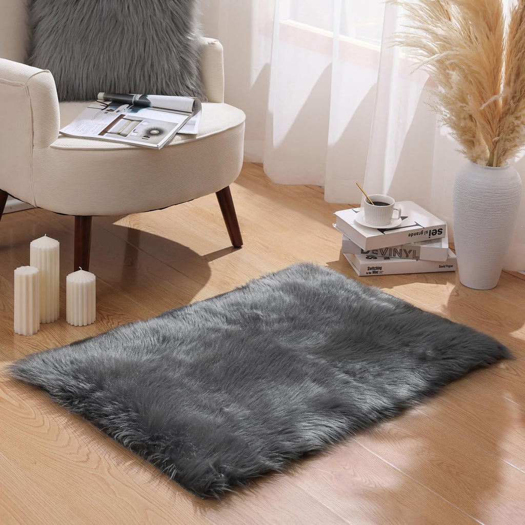 Ashler Faux Fur Rug - Fluffy Shaggy Area Rug, Ultra Soft 2 x 3 Feet Rectangle, Dark Grey Fuzzy Machine Washable Shag, Nursery Decor Throw for Bedroom, Living Room