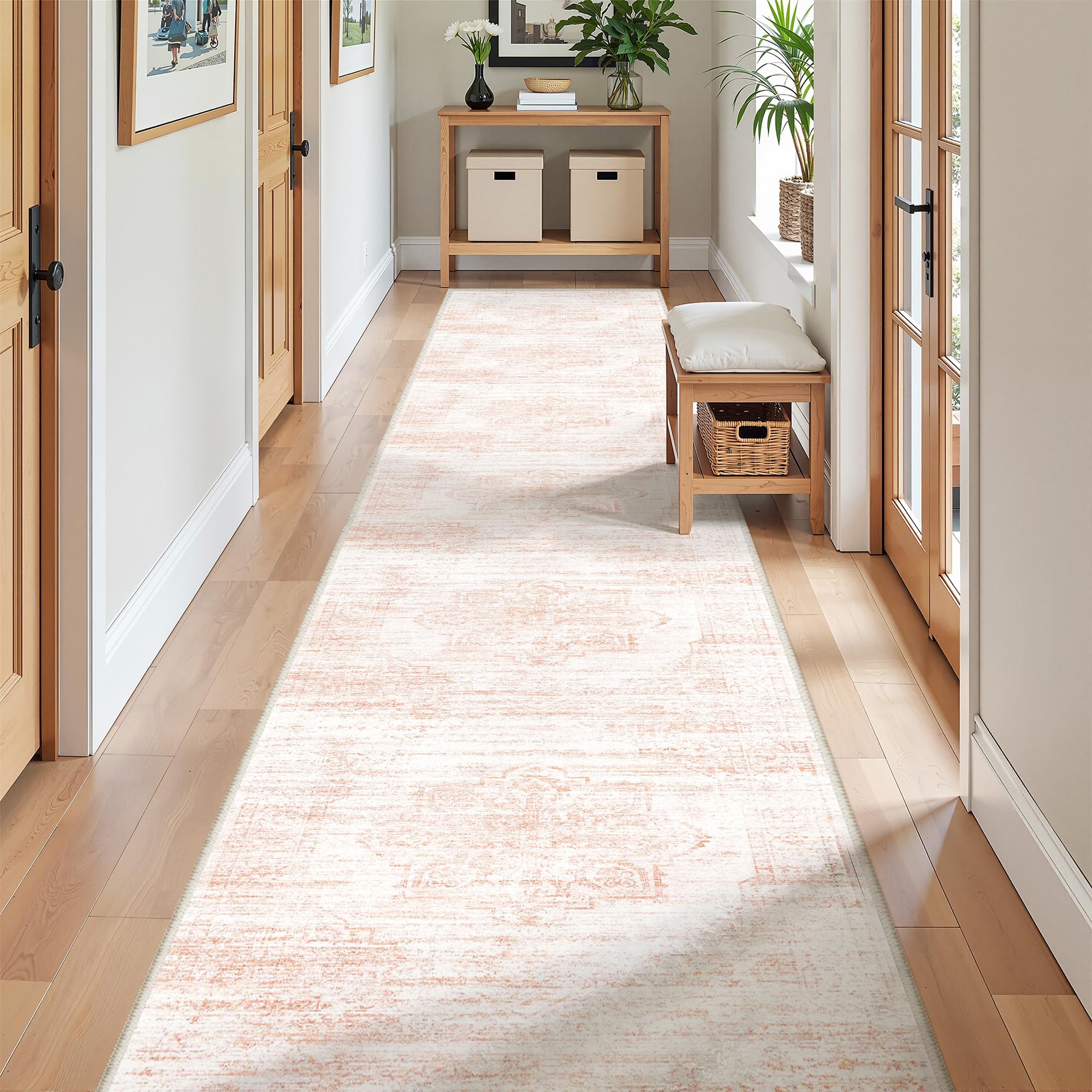Restydon 2x12 Runner Rug, Long Hallway Rugs for Dining Room, Living Room, Bedroom, Machine Washable Kitchen Carpet Runner with Rubber Backing, Soft Low Pile Indoor Rug(2'x12', Pink/White)