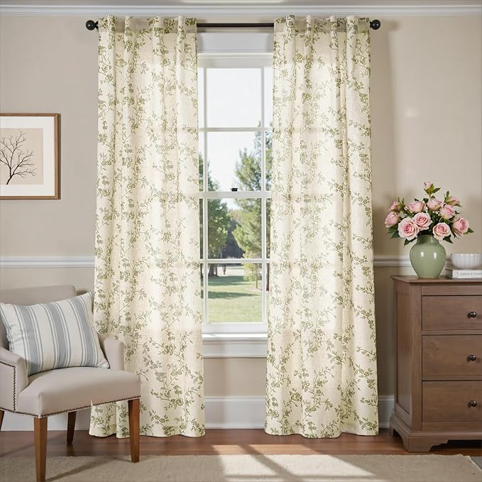 Lazzzy Green Vintage Floral Linen Curtains Farmhouse 38W X 90L 2 Panels