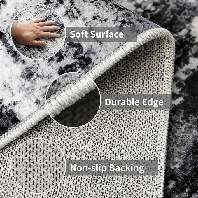 4x12 Runner Rug for Wide Hallway: Long Washable Runners for Entryway Living Room Dining Room - Stain and Water Resistant Rugs with Non-Slip Backing - Soft Low-Pile Carpet Black Grey