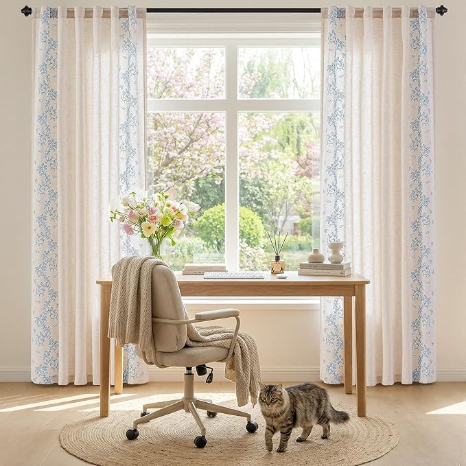 jinchan Floral Linen Curtains 96 Inch Farmhouse Backt Tab 2 Panels Blue