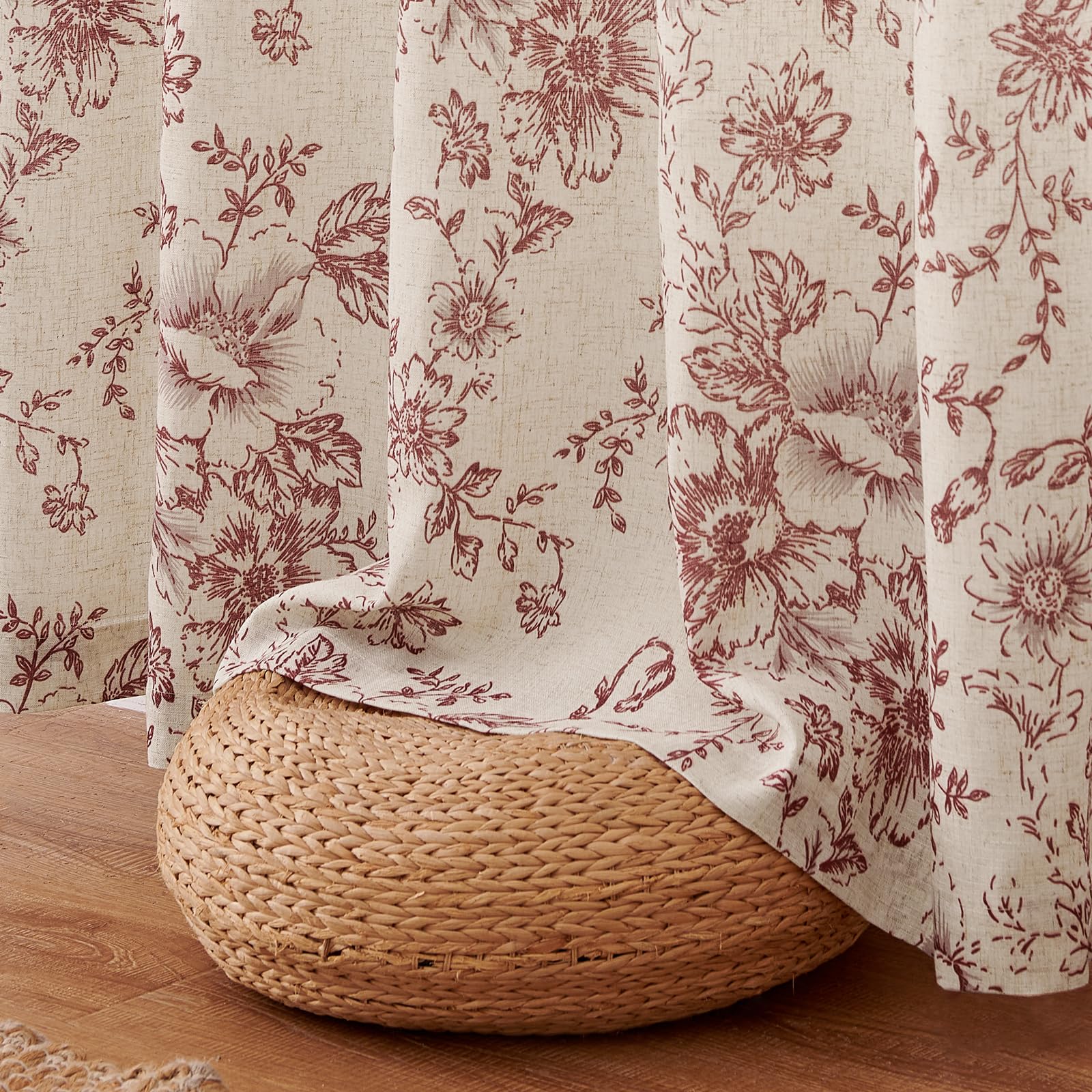 jinchan Red Floral Linen Light Filtering Curtains for Living Room 96 Inches Long