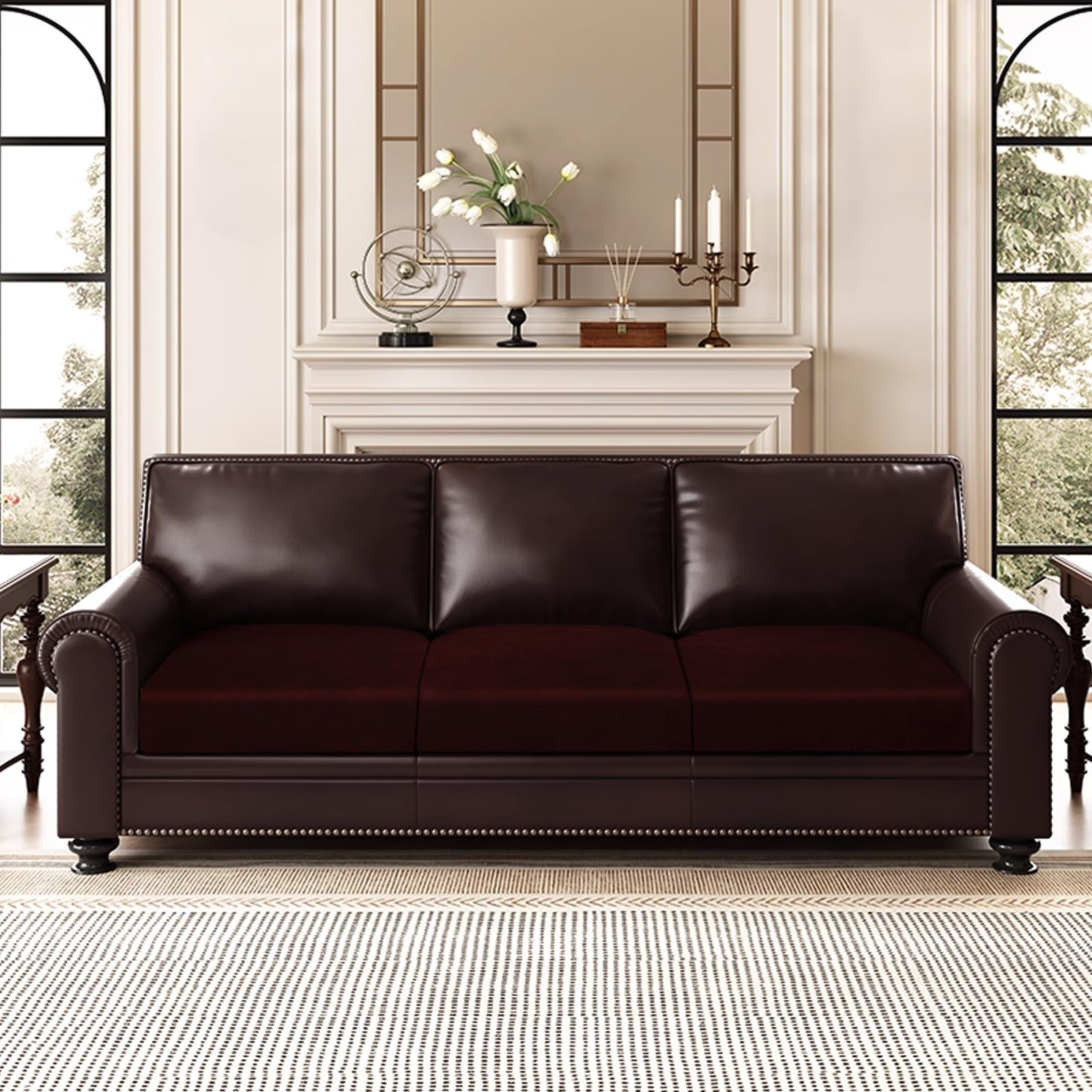 ANARACHON Leather Look Couch Cushion Covers Sofa Seat Slipcovers Sets Couches Furniture Protector for Sectional Armchair Loveseat Pets Kids Stretch Spandex Fabric (3 Cushion Sofa, Burgundy)