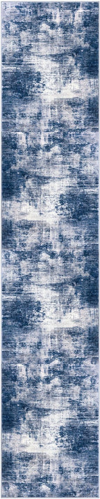 IOHOUZE Abstract Runner Rug 3x14 Ft Washable Runners for Hallways, Non Slip Kitchen Runner Printed Faux Wool Entryway Runner Indoor, Modern Abstract Floor Carpet for Hall Stair, Navy/Grey