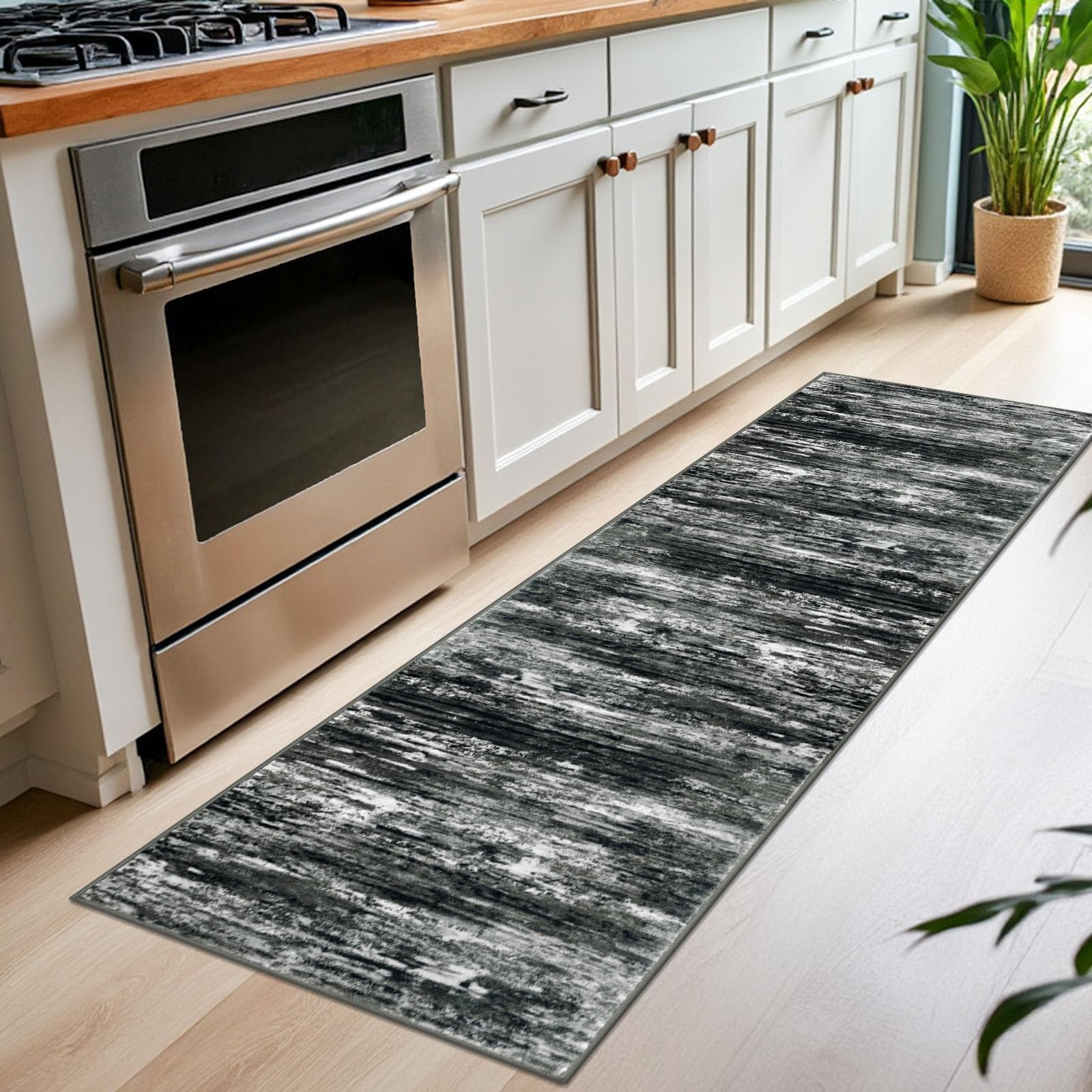 KOZYFLY Modern Abstract Washable Rug Runner 2x7 Hallway Runner Rug Non-Slip Soft Kitchen Runner Rugs, Print Black Grey Striped Carpet Runner for Entryway Bathroom Laundry Room Foyer