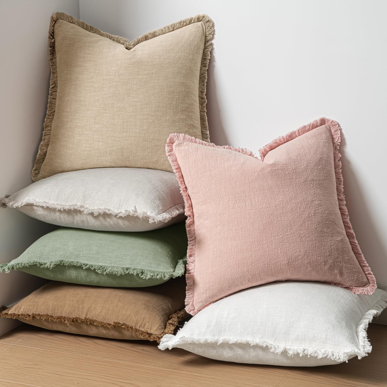 MIULEE Linen Fringe Decorative Euro Throw Pillow Covers Sage Green 24x24