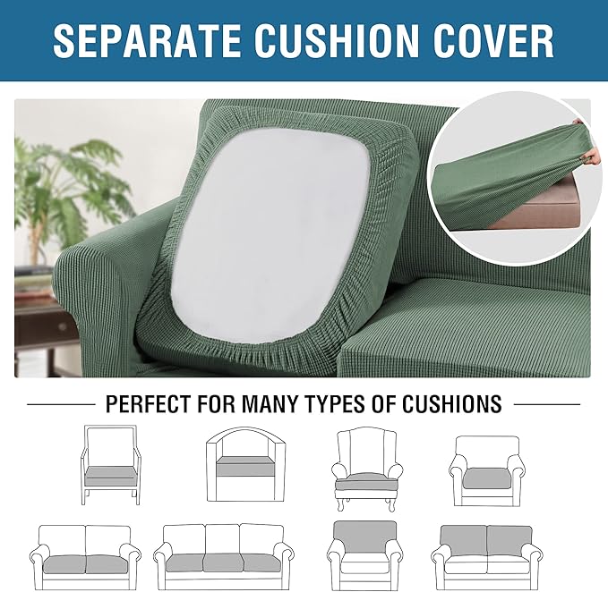 H.VERSAILTEX 4 Piece Stretch Sofa Covers for 3 Cushion Couch Covers for Living Room Furniture Slipcovers (Base Cover Plus 3 Seat Cushion Covers) Upgraded Thicker Jacquard Fabric (Sofa, Loden Frost)