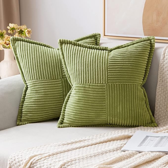 MIULEE Spring Decorative Throw Pillow Covers for Couch Bed Livingroom 18x18 Inch Set of 2 Green Boho Accent Throw Pllows Broadside Striped Patchwork Soft Corduroy Summer Pillowcases