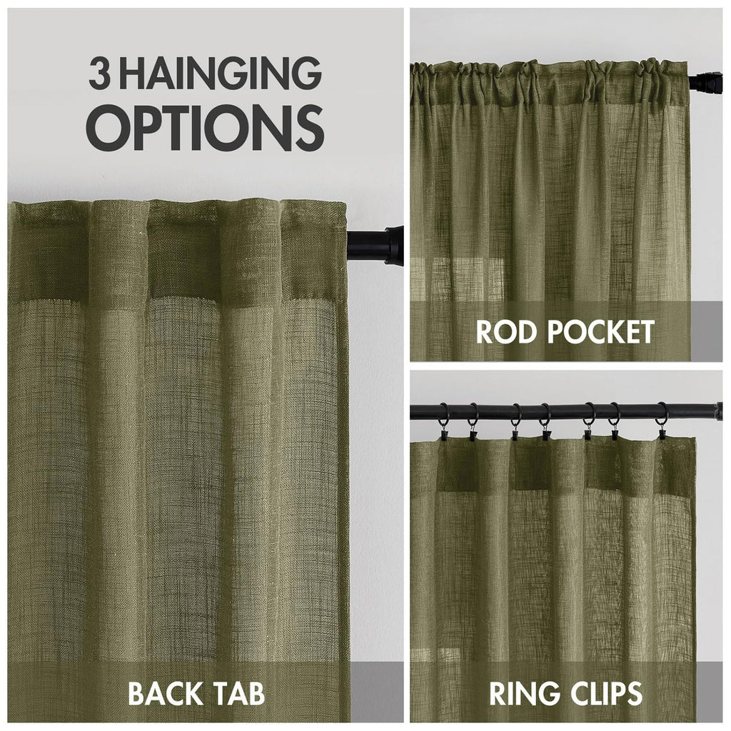 MIULEE Light Olive Green Linen Curtains 52x108 Inch 2 Panels for Bedroom