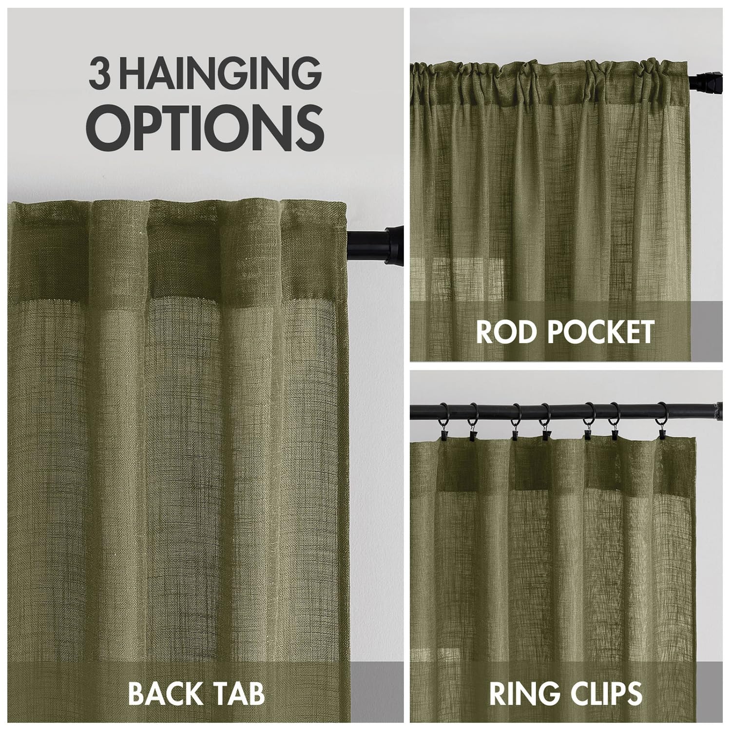 MIULEE Light Olive Green Linen Curtains 52x108 Inch 2 Panels for Bedroom