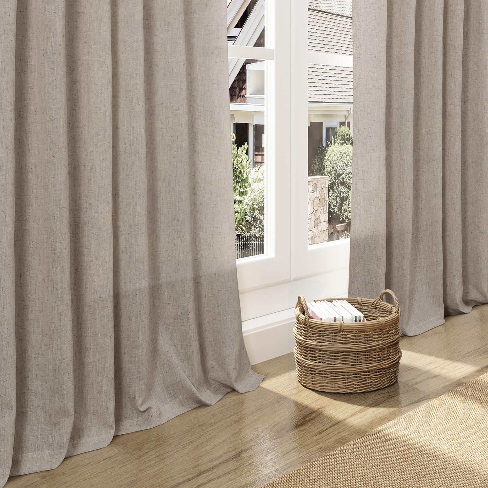 Nanspring Extra Long 120 Inch Curtains for Living Room Ecru Flax Linen Light Filtering Semi Sheer Curtain Back Tab Rustic Decor Boho Burlap Floor to Ceiling High Window for Bedroom 52x120, 2 Panels