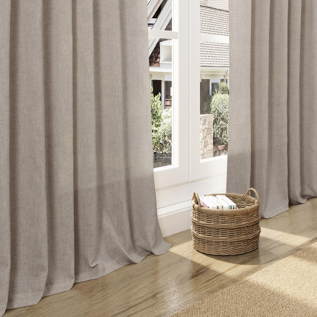 Nanspring 108 Inch Long Curtains for Living Room Ecru Linen Blend Light Filtering Semi Sheer Curtain Back Tab Rustic Decor Natural Farmhouse Floor to Ceiling High Window for Bedroom 52x108, 2 Panels