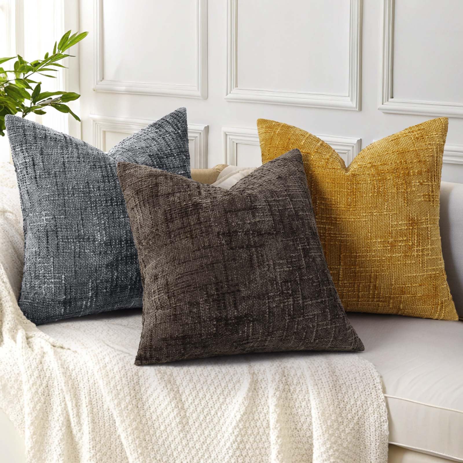decorUhome Textured Chenille Throw Pillow Covers 22x22 Set of 2 Dark Grey