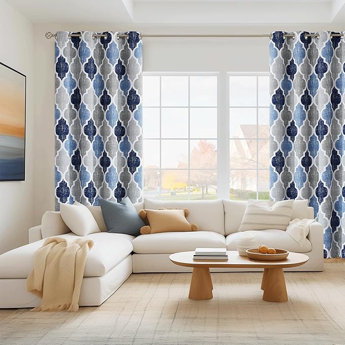 Beauoop Moroccan 100% Blackout Curtains Bedroom Blue Grey 50x84 2 Panels