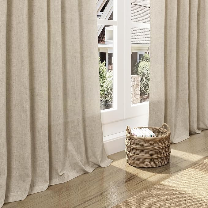 Eggshell Beige Linen 112 Inch Curtains for Living Room Light Filtering Semi Sheer Curtain Back Tab Rustic Farmhouse Decor Burlap Elegant Drapes Floor to Ceiling High Window for Bedroom 52x112,2 Panels