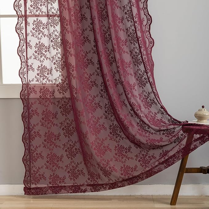 YJ YANJUN Vintage Lace Curtains 84 Inches Long- Elegant Floral Maroon Sheer Curtains Timeless Christmas Burgundy Drapes for Living Room Bedroom Privacy 7 FT 52W x 84L (Set of 2) Deep Merlot