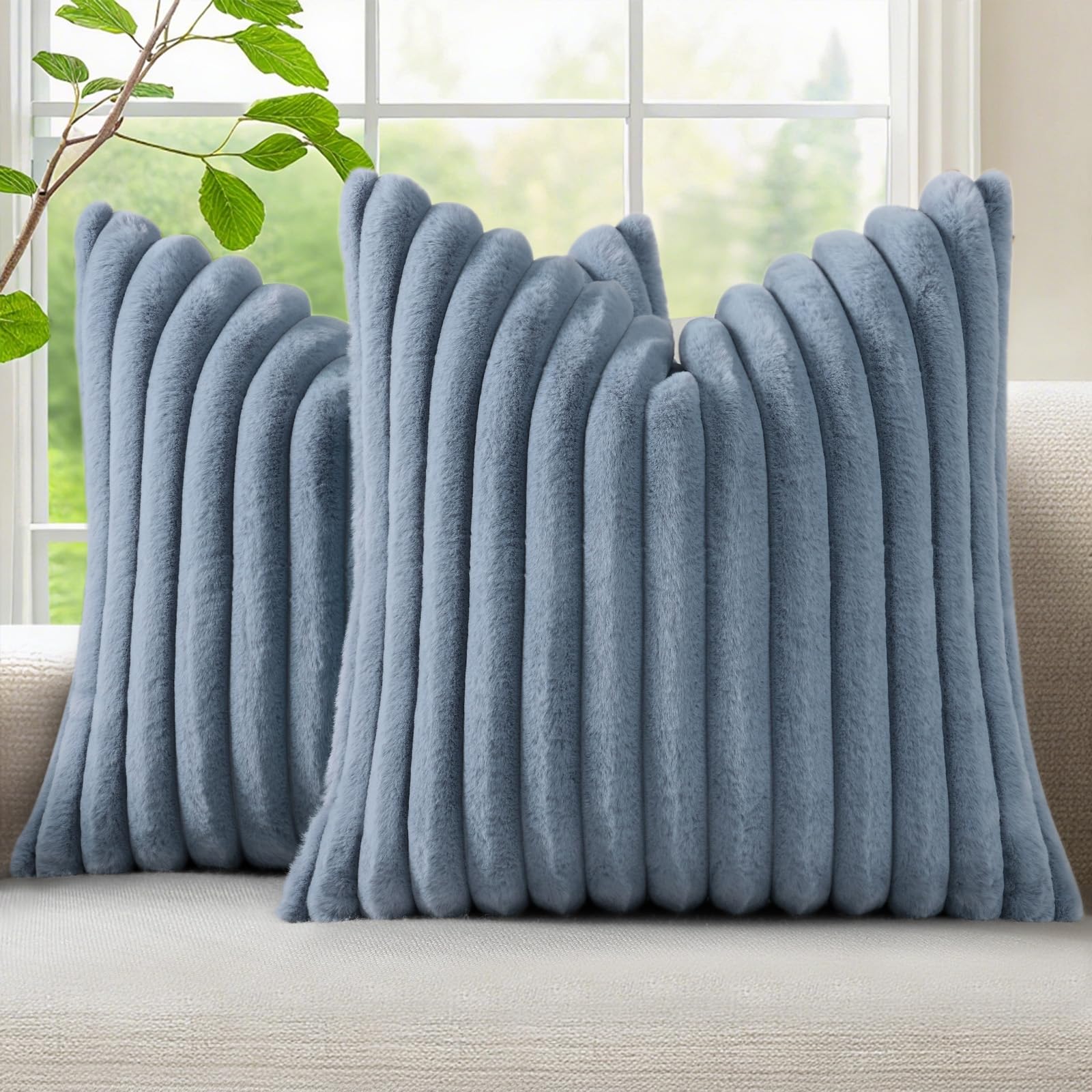 decorUhome Fall Faux Fur Throw Pillow Covers 18x18 Set of 2 Grey Blue