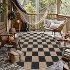 Lahome Colette Checkered Round Rugs 6ft, Outdoor Patio Easy Jute Rug Indoor Outdoor Circle Carpet, Farmhouse Nature Non Shedding Non Slip Washable Black Carpet for Living Room Entry Deck