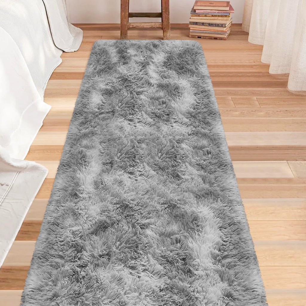 JiaoBaba Super Soft Fluffy Living Room Area Rug 2x8 ft Tie-Dyed Light Grey Shaggy Furry Carpet Washable Non-Slip Floor Rugs Bedroom Bedside Nursery Rug Fuzzy Boys Girls Dorm Home Decor Aesthetic