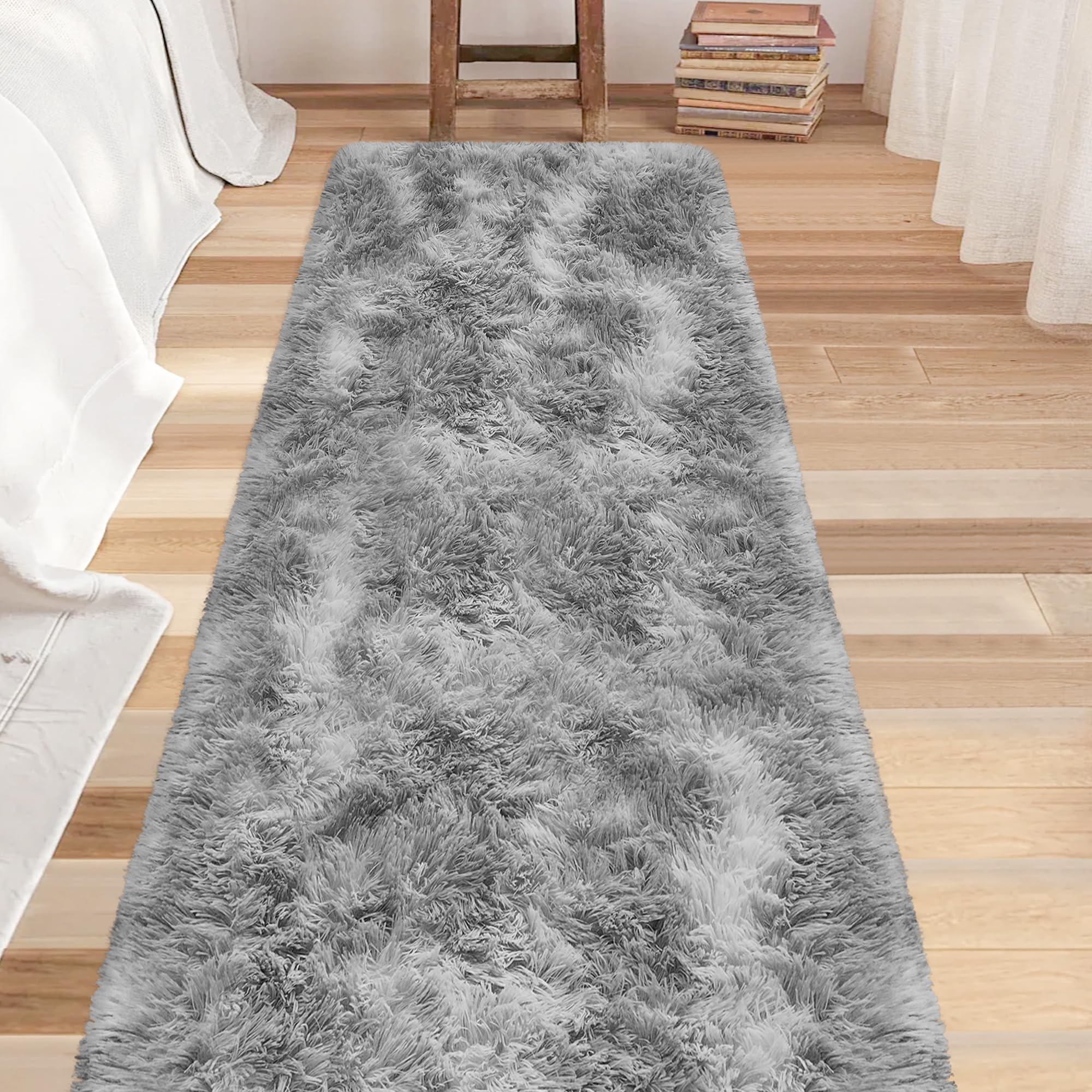 JiaoBaba Super Soft Fluffy Living Room Area Rug 2x8 ft Tie-Dyed Light Grey Shaggy Furry Carpet Washable Non-Slip Floor Rugs Bedroom Bedside Nursery Rug Fuzzy Boys Girls Dorm Home Decor Aesthetic