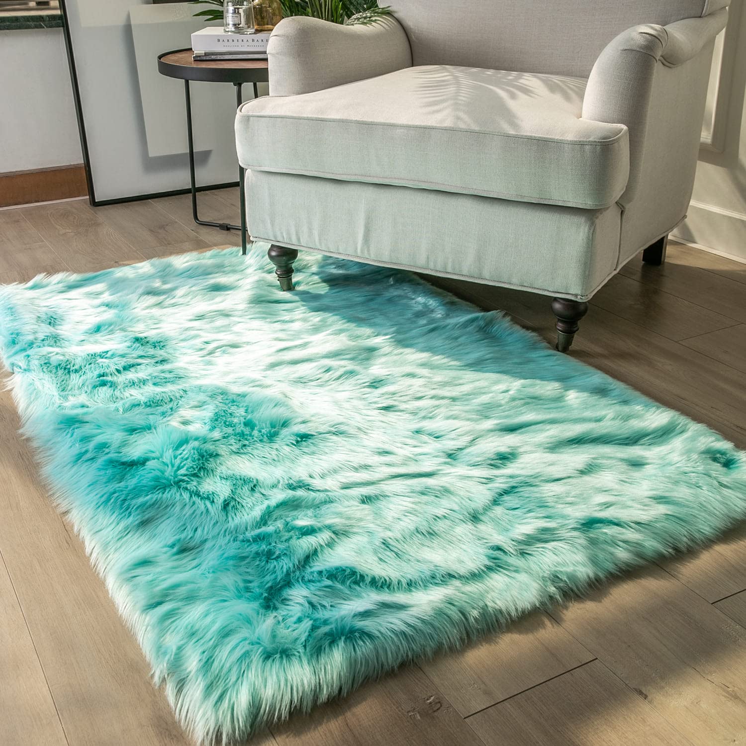 Ashler Faux Fur Area Rug, Fluffy Shaggy 3 x 5 Feet Rectangle Turquoise Fuzzy Machine Washable Shag Rug for Nursery, Kids & Living Room