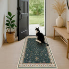 Dark Green Oushak 3x6 Kitchen Rug - Modern Vintage Boho Floral Moody, Washable Low Pile Non-Slip Area Rugs for Large Entryway, Door Mat Indoor Entrance, Kitchen, Bedroom Beside Bed