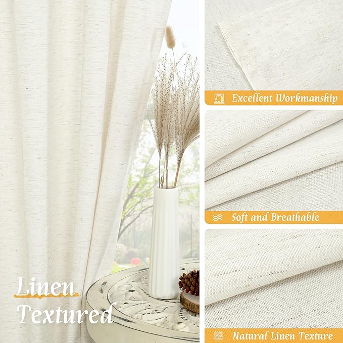LAMIT Light Filtering Natural Linen Curtains 63 Inch Length for Living Room
