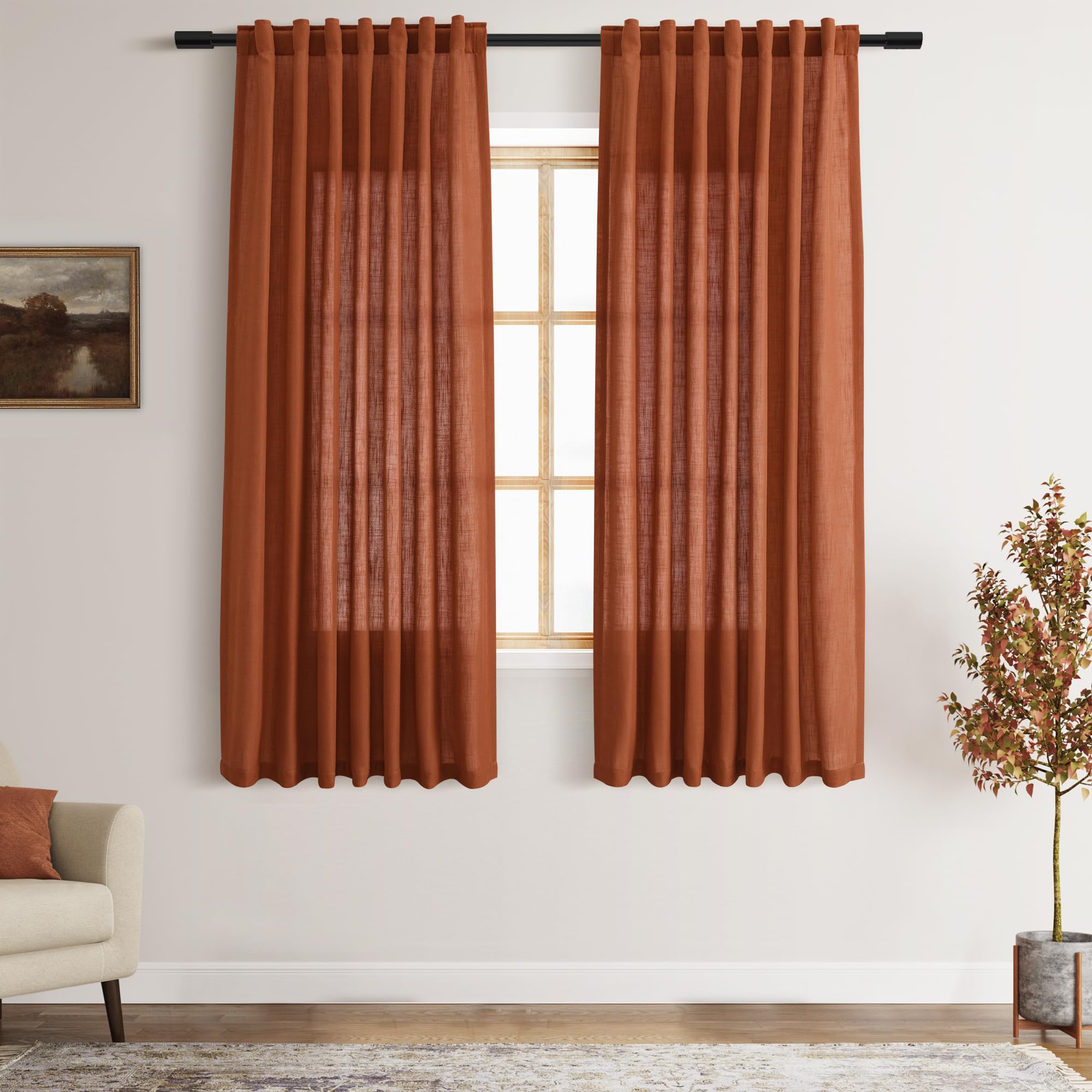 Nanspring Terracotta Linen Curtains 63 Inches Length 2 Panels for Living Room Back Tab Pocket Light Filtering Semi Sheer Drapes Cotton Linen Textured Brick Burnt Orange Window Curtain 52X63 Inch