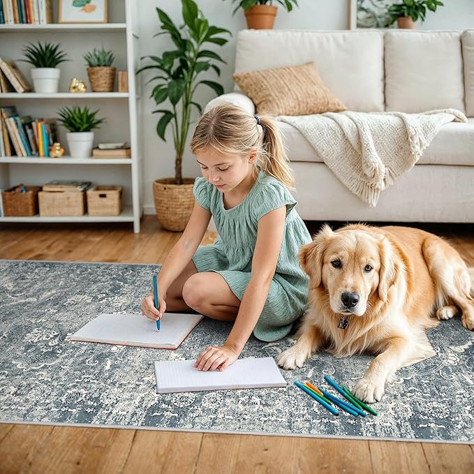 4x8 Washable Hallway Runner Rug - Wide Kitchen Runners Vintage Low Pile Carpet Soft Thin Floor Runner with Rubber Backing for Entryway Bedroom Living Room Home Decor (Blue)