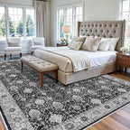 Washable Large 9x12 Area Rug: Indoor Oriental Living Room Carpet with Non Slip Backing Ultra Soft Low Pile Rugs for Bedroom Dining Room Distressed Stain Resistant Thin Floor Mat (9x12 Black)