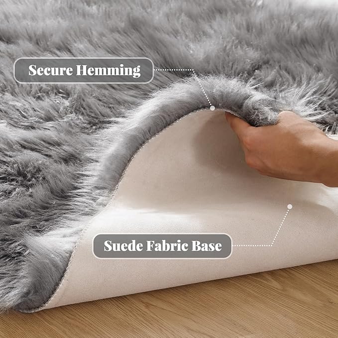 ORINOVA Large Area Rugs 9x12 Living Room Grey Fluffy Rug Faux Sheepskin Washable Fuzzy Fur Rugs for Bedroom Rectangle Nursery Rug