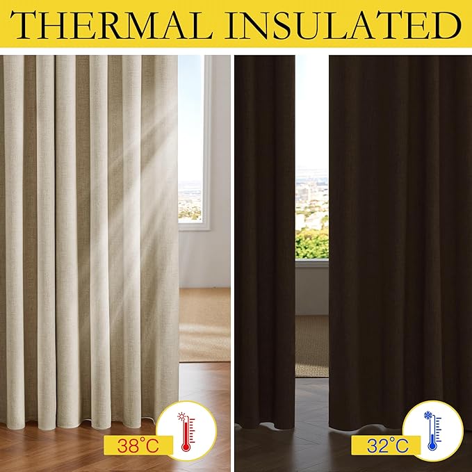 NICETOWN Cream 100% Blackout Linen Curtains 84 inch Long Burg for Living Room, 1 Pair, 52" Width Each Panel, Farmhouse Thick Completely Blackout Window Treatment Thermal Insulated Drapes