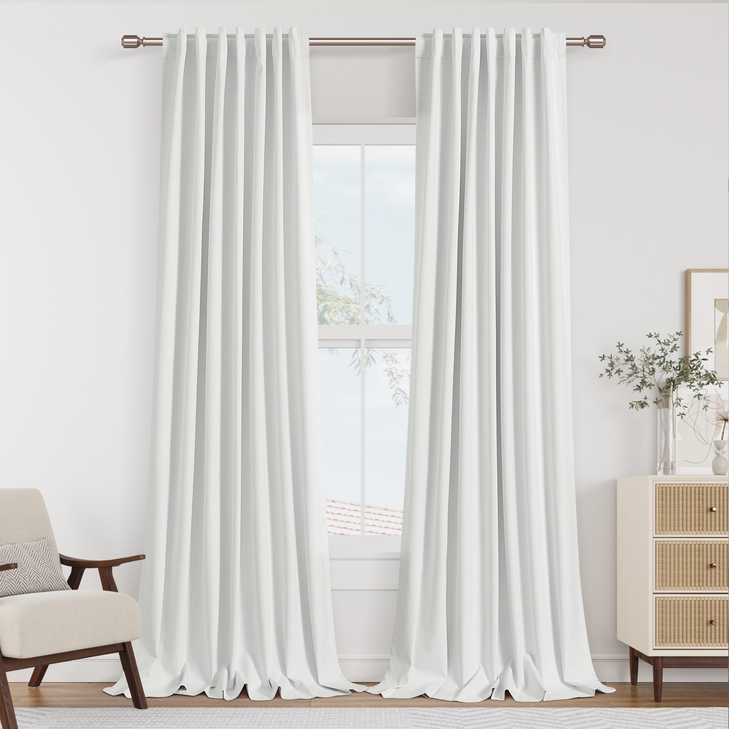 Guken White 100% Blackout Linen Curtains 52 Inch Wide by 124 Inch for Living Room Bedroom Back Tab Thermal Insulated Black Out Linen 2 Drapes Room Darkening Window Curtains