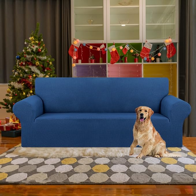 KEKUOU Stretch Couch Covers for Sofa, 3 Cushion Couch Slipcover,Classic Blue
