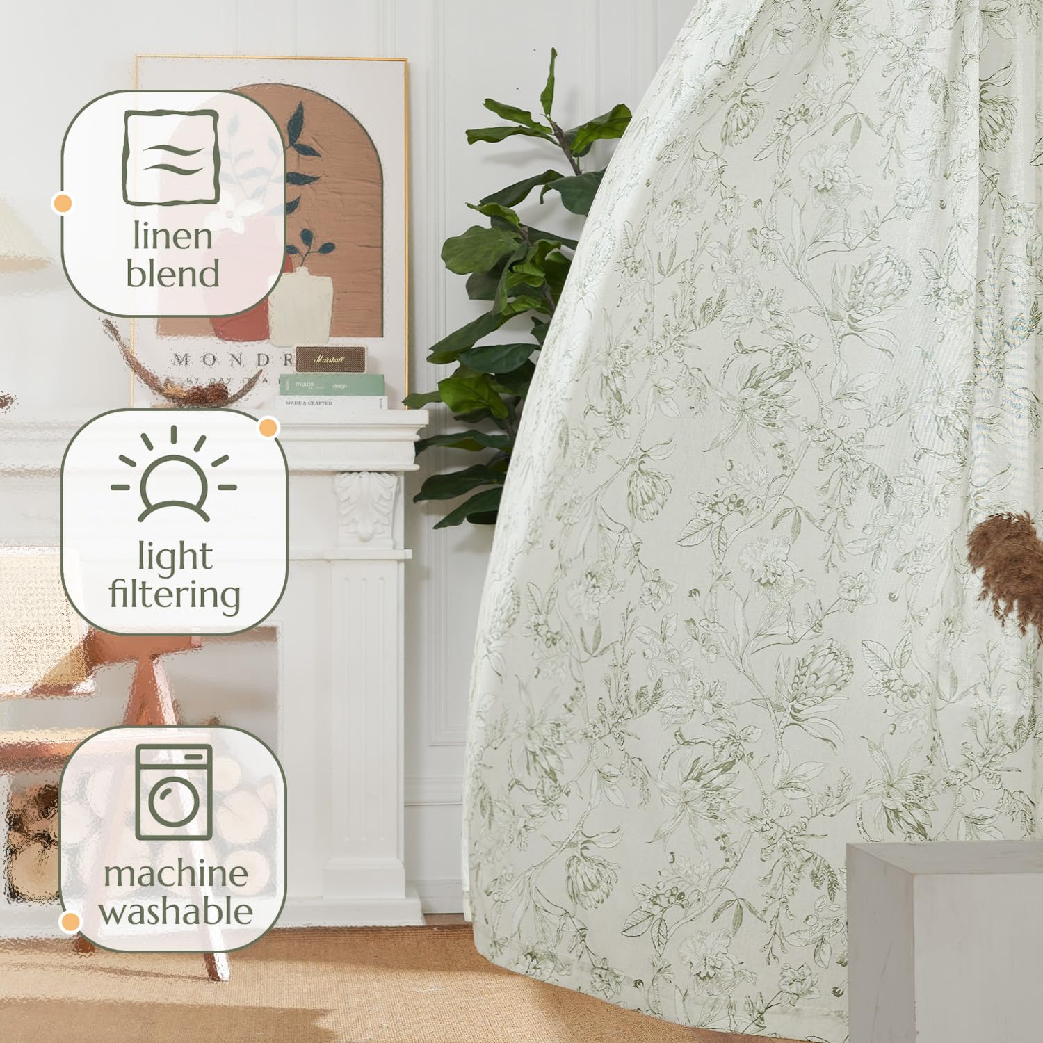 jinchan Green Floral Linen Curtains 84 Inch Farmhouse Rod Pocket 2 Panels