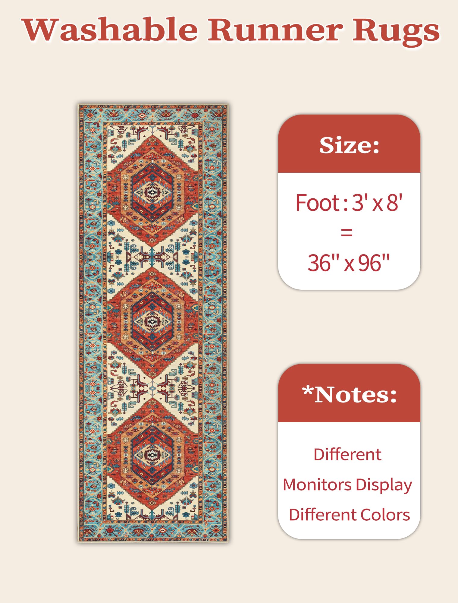 SERISSA 3x8 Washable Non Slip Boho Runner Rug for Hallway，Orange