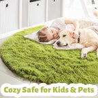 Grass Green Round Rugs 5Ft for Bedroom, Fluffy Shaggy Circle Area Rugs for Kids Playroom Baby Nursery, Cozy Cool Living Room Decor Aesthetic, Cute Fuzzy Furry Plush Carpet for Teen Girls Boys Toddler