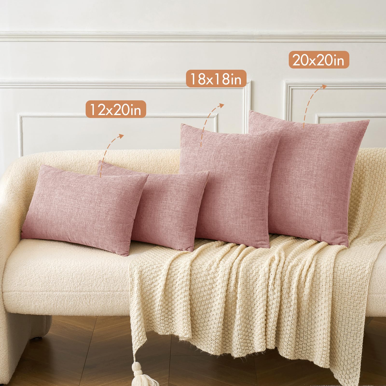 MIULEE Soft Chenille Lumbar Throw Pillow Covers Blush Pink 12x20 Pack of 2