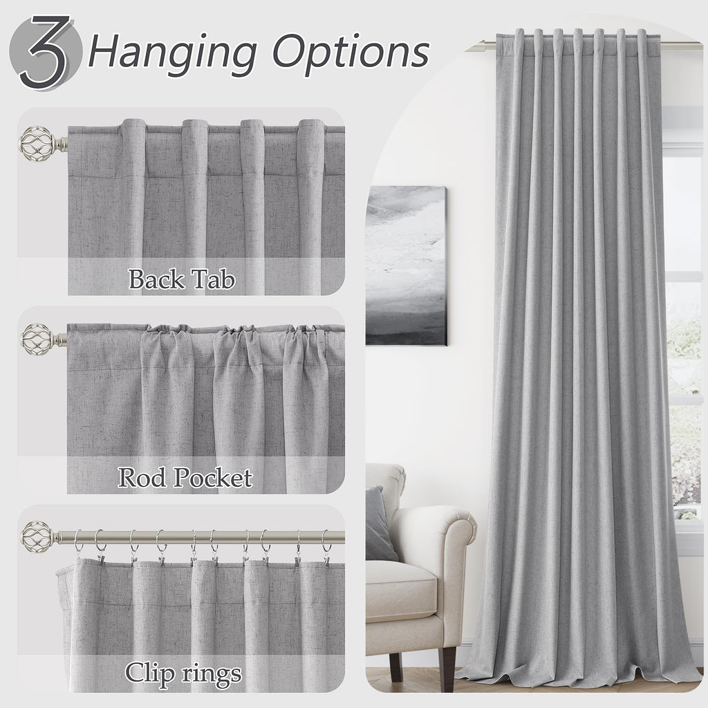 Guken Grey 100% Blackout Curtains 90 Inch Length 2 Panels Set for Living Room Bedroom Back Tab Thermal Insulated Black Out Linen Drapes Room Darkening Window Curtains 90 Inches Long