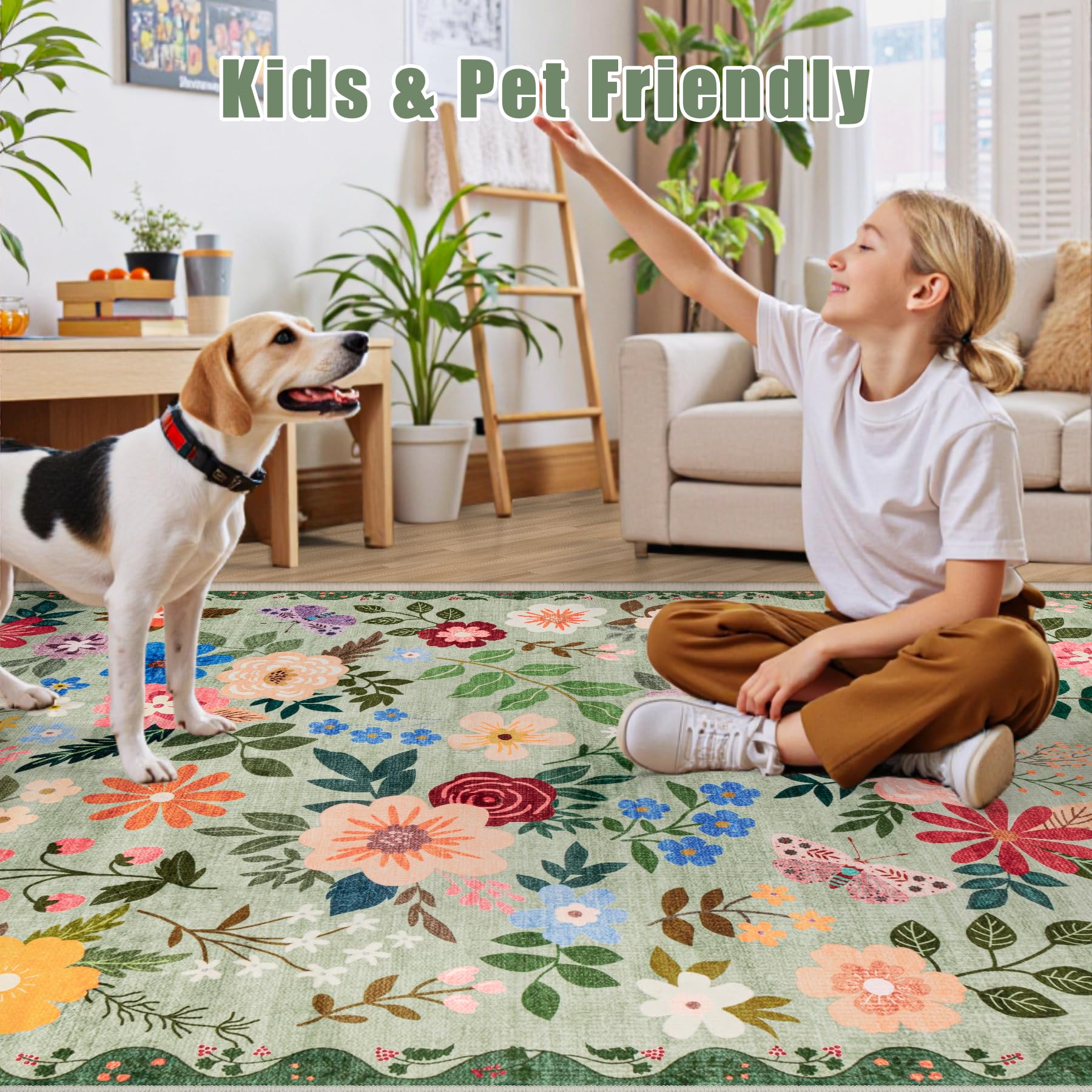 PLHXFR 8x10 Area Rug Living Room: Floral Washable Boho Soft Carpet Green