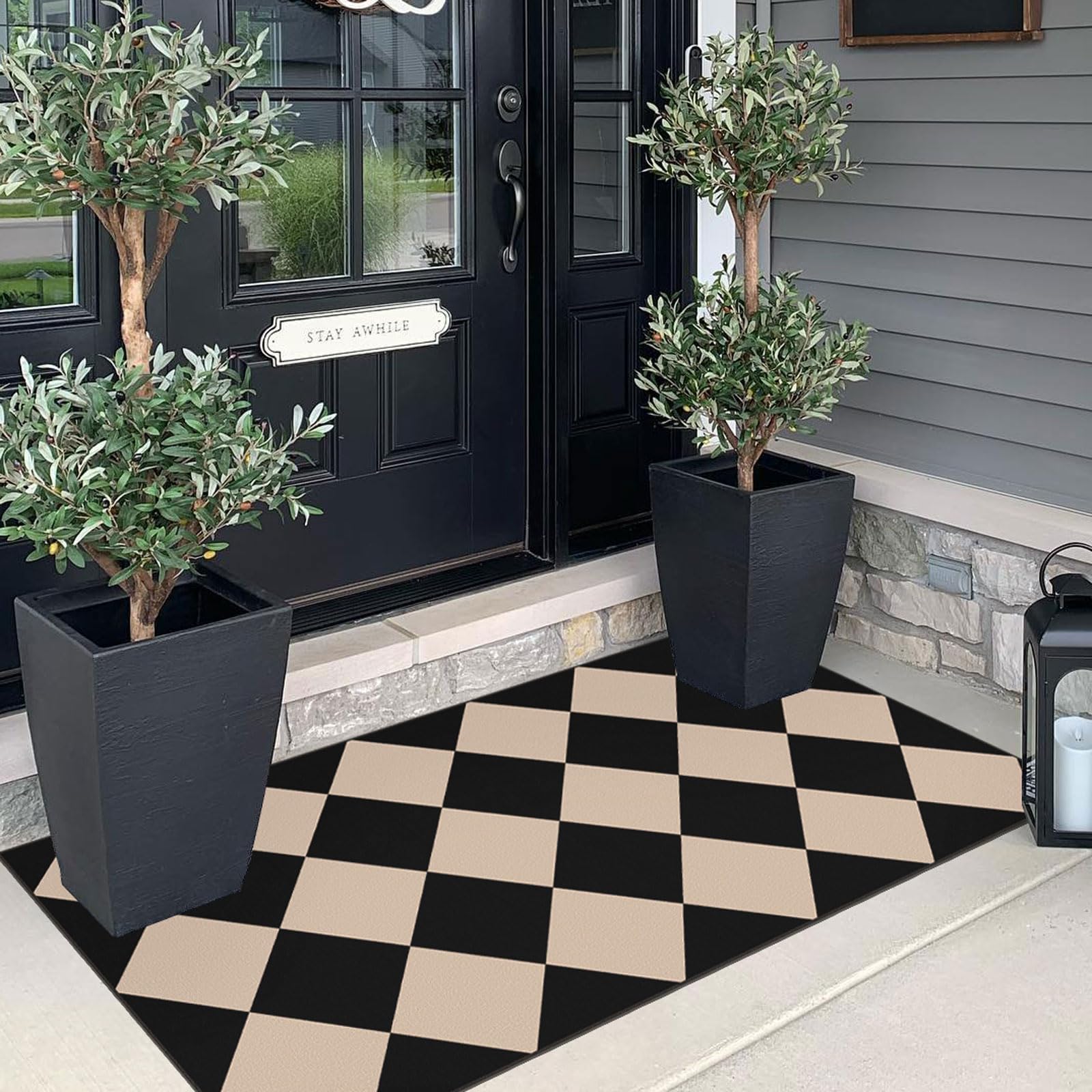 Othilic Front Door Mat Indoor Entrance - 2x4.3 Ft Black Tan Checkered Rug