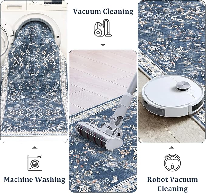 Yamaziot Washable Runner Rug 2x10 – Floral Non Slip Boho Hallway Runner Rug with Rubber Backing, Low Pile Faux Wool Distressed Carpet for Kitchen, Laundry, Bedroom, Entrance, Blue